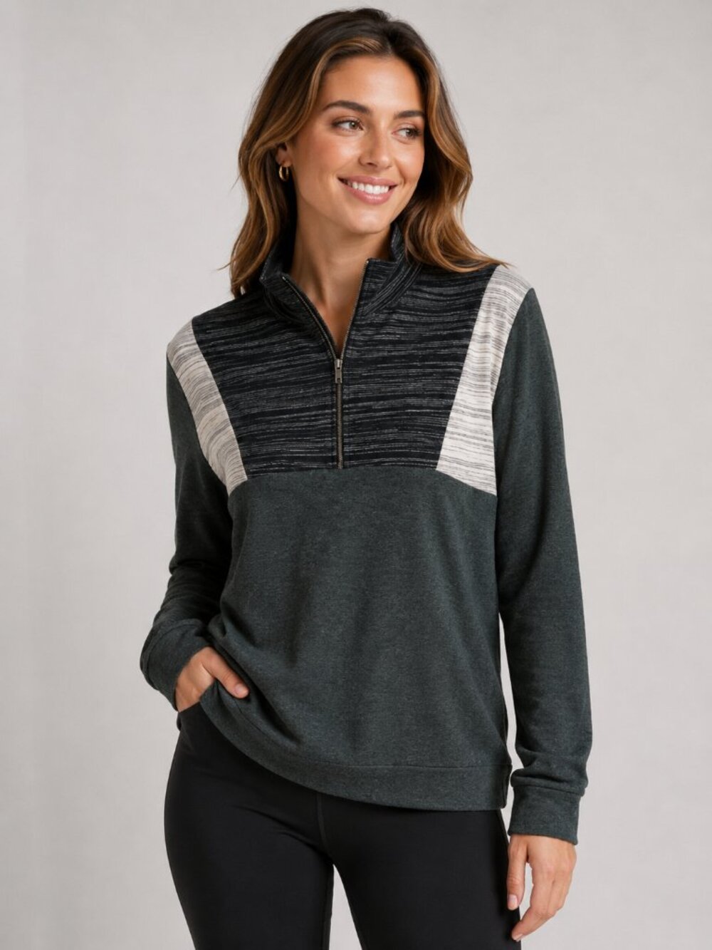 Pink Clover Women’s XL Quarter Zip Colorblock Pullover Gray Black